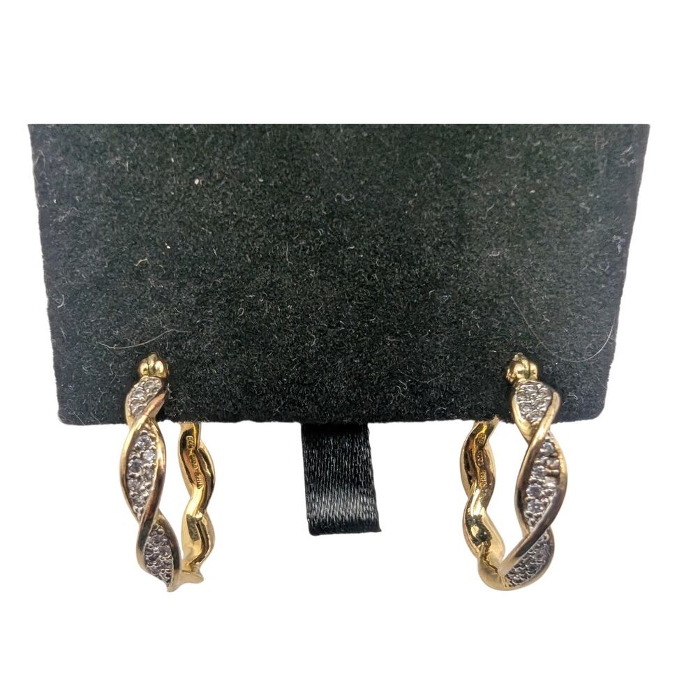 FAS 925 Sterling Silver Gold Tone CZ Twisted Hoop Earrings Omega Back